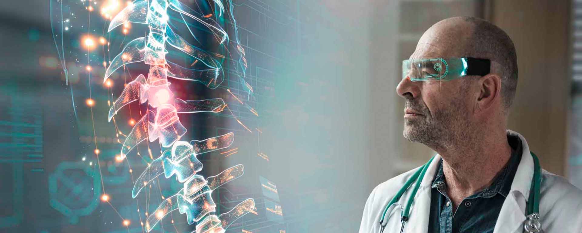 Doctor looking at holographic spinal image Doctor looking at holographic spinal image