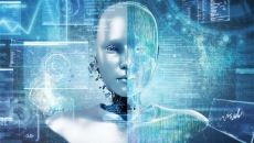 Computerized image of an artificial intelligence robot with a data panel in the background Computerized image of an artificial intelligence robot with a data panel in the background