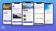 Multiple smartphones displaying the Calm Health offering including an anxiety and stress reduction program. Multiple smartphones displaying the Calm Health offering including an anxiety and stress reduction program.
