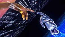 Digitally generated image of a human hand reaching out for a robotic hand Digitally generated image of a human hand reaching out for a robotic hand