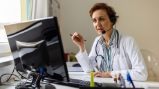 Healthcare provider sitting at a desk while looking at a computer Healthcare provider sitting at a desk while looking at a computer