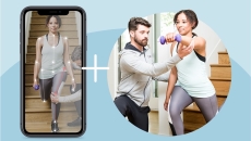 A woman doing physical therapy guided by an app, and the same woman being helped by a physical therapist.