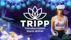 TRIPP logo and a person sitting down with a headset on TRIPP logo and a person sitting down with a headset on