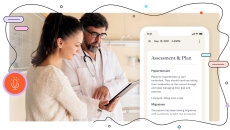 A patient talking to a doctor with an enlarged image of the Abridge app. It shows an assessment and plan for hypertension and migraines. A patient talking to a doctor with an enlarged image of the Abridge app. It shows an assessment and plan for hypertension and migraines.