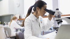 Health care practitioner looking through a microscope Health care practitioner looking through a microscope