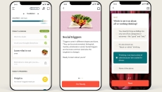 Three smartphones displaying the Noom app. Three smartphones displaying the Noom app.