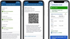 Smartphones displaying the app showing the COVID-19 vaccination information from a member's view and from a verifier's view Smartphones displaying the app showing the COVID-19 vaccination information from a member's view and from a verifier's view