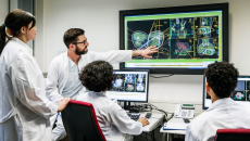A group of doctors discussing a patient's test results on a large monitor in an office. A group of doctors discussing a patient's test results on a large monitor in an office.