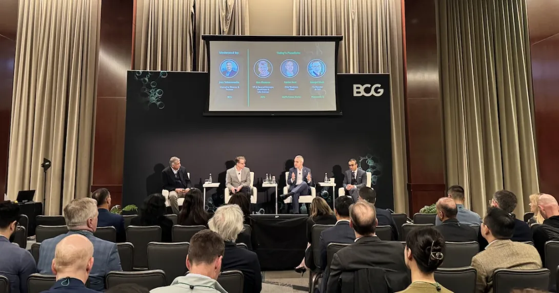 From left: Jazz Tobaccowalla of BCG, Dan Sheeran of AWS, Xavier Avat of Moffitt Cancer Center and Munjal Shah of Hippocratic AI