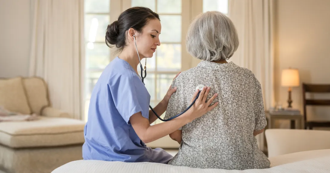 Healthcare provider sitting next to a patient on a bed listening to their lungs with a stethoscope Healthcare provider sitting next to a patient on a bed listening to their lungs with a stethoscope