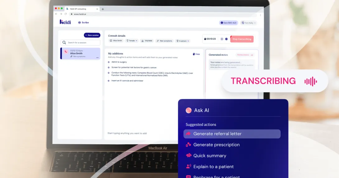 A laptop showing Heidi Clinician's AI-powered features A laptop showing Heidi Clinician's AI-powered features