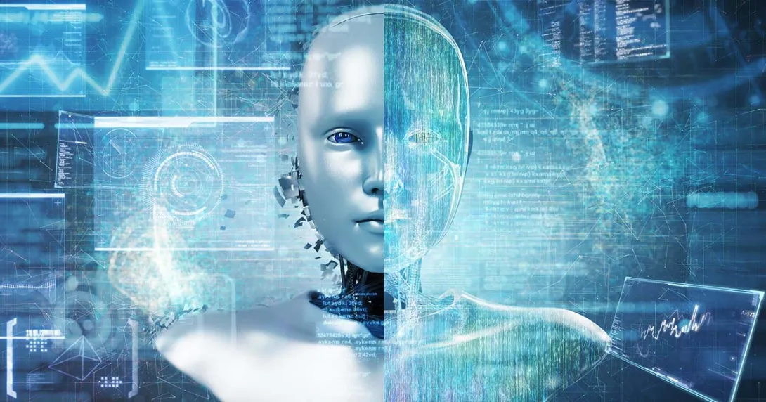 Artificial Intelligence robot and a futuristic data panel background Artificial Intelligence robot and a futuristic data panel background