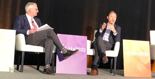 Dr. Joe Kvedar, professor at Harvard Medical School and Board Chair of the ATA, talks with Dr. David Mou, CMO of Cerebral, during ATA2022 on Sunday in Boston. Dr. Joe Kvedar, professor at Harvard Medical School and Board Chair of the ATA, talks with Dr. David Mou, CMO of Cerebral, during ATA2022 on Sunday in Boston.