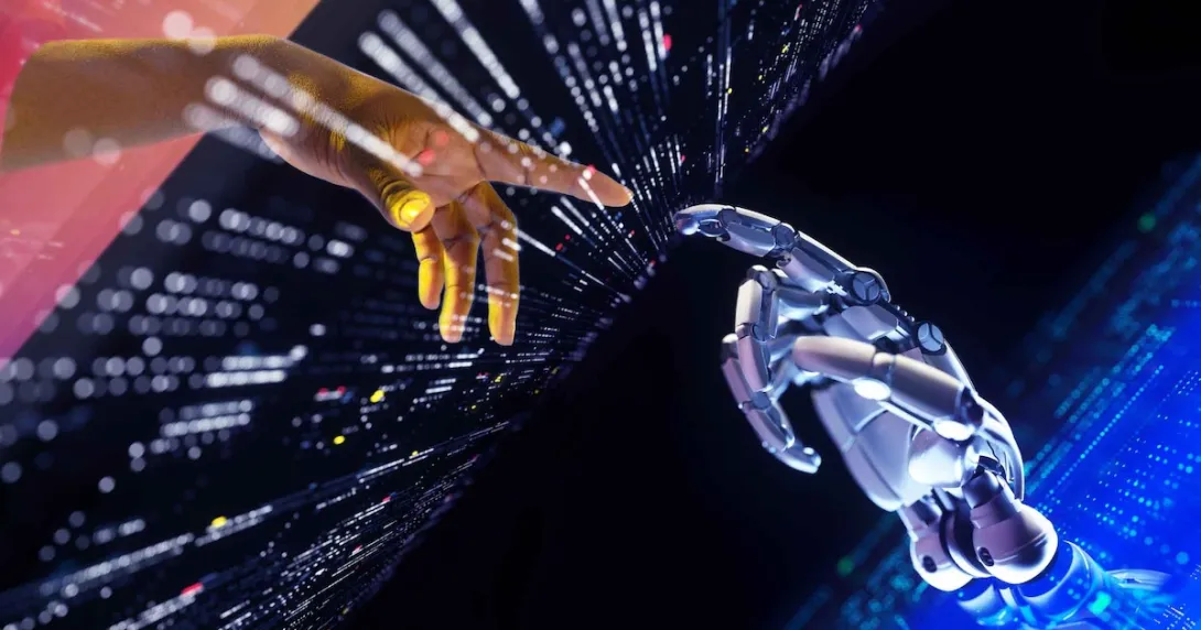 Digitally generated image of a human hand reaching out for a robotic hand Digitally generated image of a human hand reaching out for a robotic hand