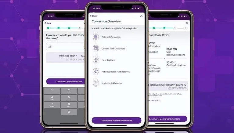 Smartphones showing VITAS' opioid conversion app Smartphones showing VITAS' opioid conversion app