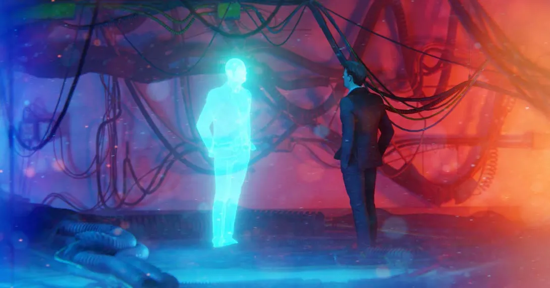 Person standing beside their digital twin in the metaverse Person standing beside their digital twin in the metaverse