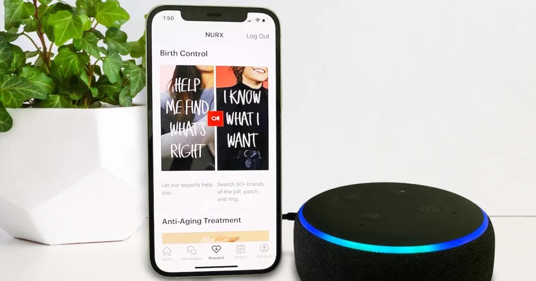 A smartphone displaying the Nurx app next to an Amazon Echo device A smartphone displaying the Nurx app next to an Amazon Echo device