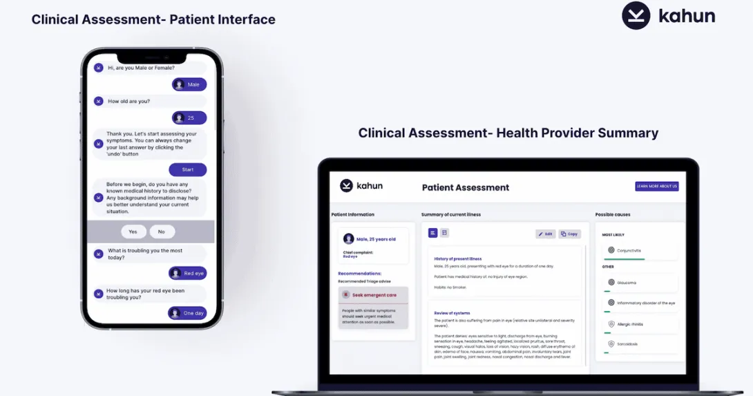 A smartphone displaying the Kahun chatbot and a laptop showing the assessment provided to clinicians. A smartphone displaying the Kahun chatbot and a laptop showing the assessment provided to clinicians.