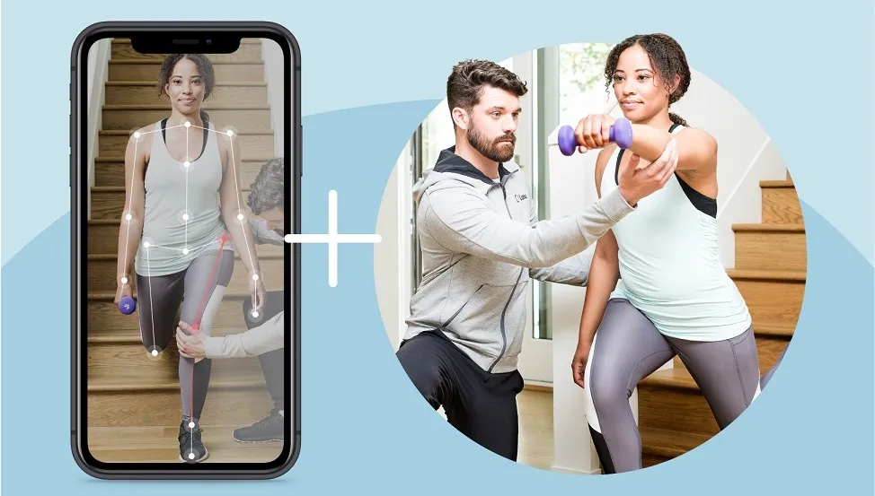 A woman doing physical therapy guided by an app, and the same woman being helped by a physical therapist. A woman doing physical therapy guided by an app, and the same woman being helped by a physical therapist.