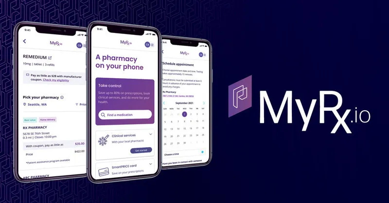 Several smartphones showing different aspects of MyRx.io, like searching for a medication or making an appointment Several smartphones showing different aspects of MyRx.io, like searching for a medication or making an appointment