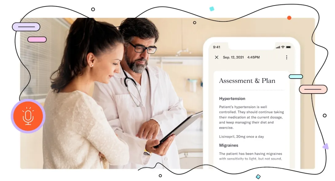 A patient talking to a doctor with an enlarged image of the Abridge app. It shows an assessment and plan for hypertension and migraines. A patient talking to a doctor with an enlarged image of the Abridge app. It shows an assessment and plan for hypertension and migraines.