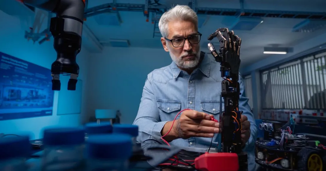 Robotics engineer working on a prosthetic