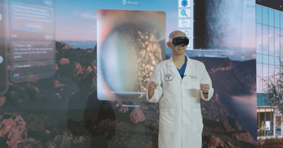 Healthcare provider wearing an augmented reality headset and surrounded by a virtual environment Healthcare provider wearing an augmented reality headset and surrounded by a virtual environment