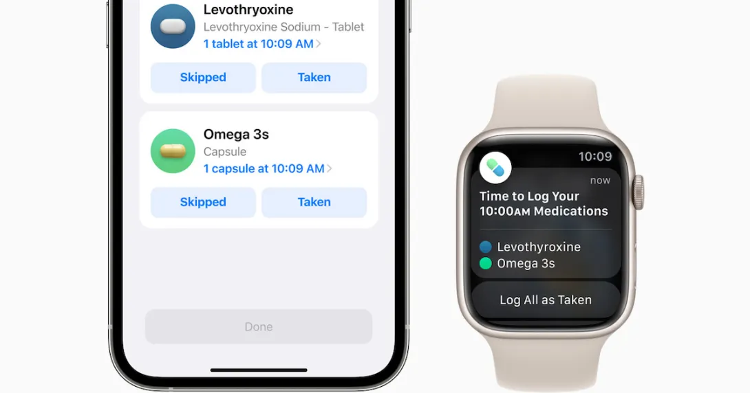 An Apple Watch and an iPhone displaying the medication tracking feature An Apple Watch and an iPhone displaying the medication tracking feature