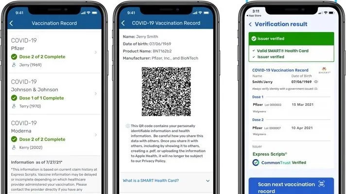 Smartphones displaying the app showing the COVID-19 vaccination information from a member's view and from a verifier's view