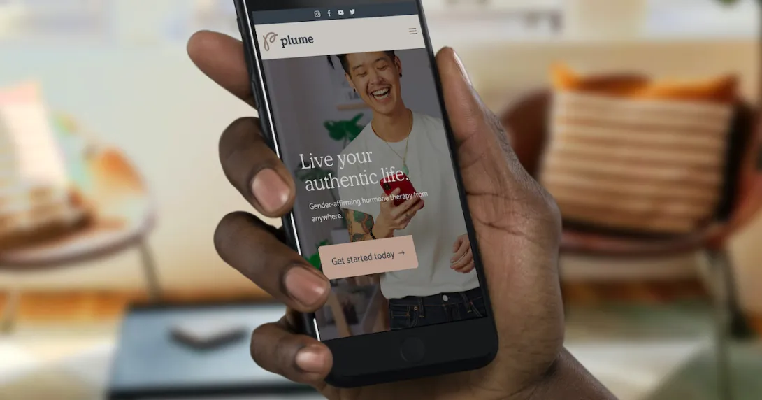 A closeup of a hand holding a smartphone displaying the Plume app. A closeup of a hand holding a smartphone displaying the Plume app.