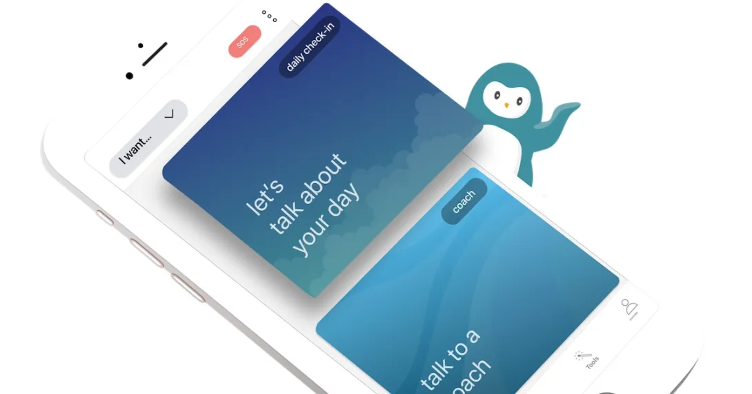 An image of a smartphone displaying the Wysa app, including options to start a daily check-in or chat with a coach. An image of a smartphone displaying the Wysa app, including options to start a daily check-in or chat with a coach.